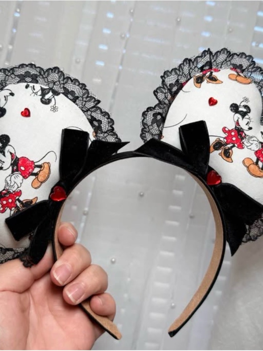 Minnie-Print Disney Ears with Black Lace and Red Heart Accents